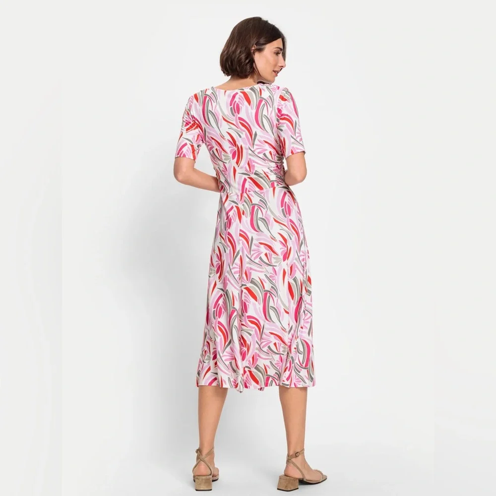 Olsen Pink Leaf Design Jersey Ruched Front Midi Dress Size Large - Picture 4 of 13